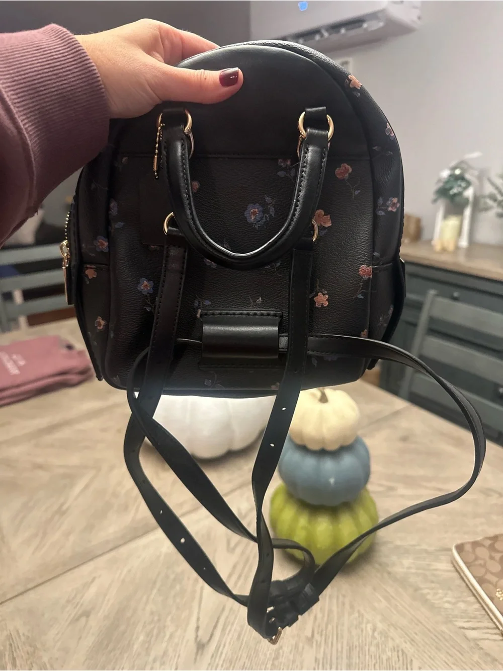 COACH Black Floral Leather Mini Backpack with Matching Wallet